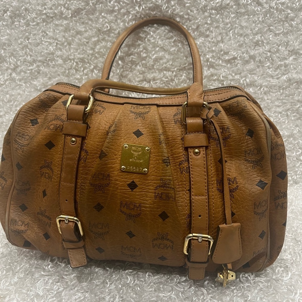 MCM Visetos Leather Trimmed Boston Bag